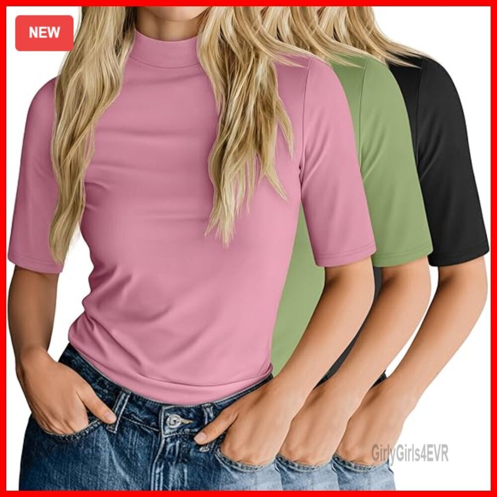 3 Pack Women's Mock Turtleneck T-Shirts Half Sleeve Slim Fit Tees
